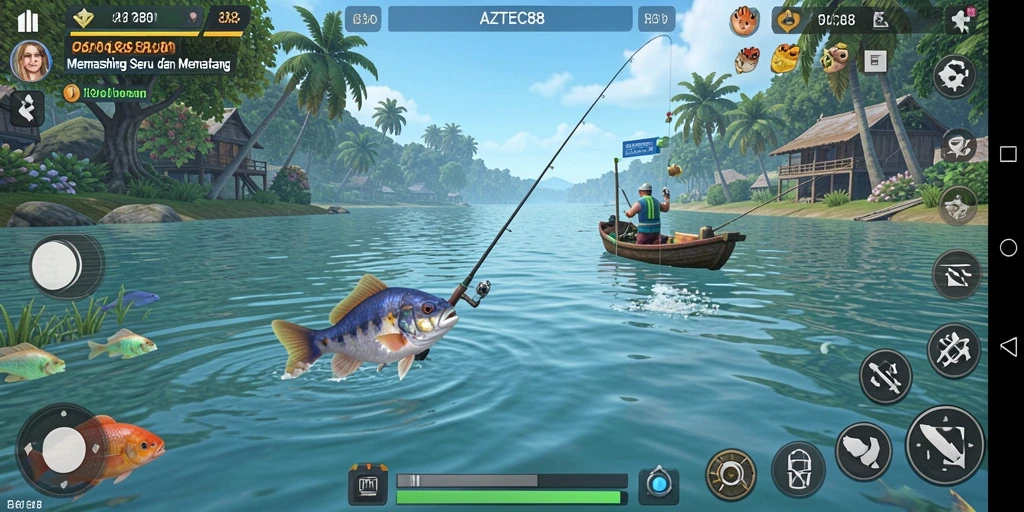 Tampilan gameplay AZTEC88 dengan suasana memancing yang menawan.