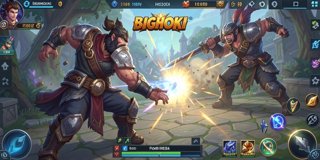 Tangkapan layar utama BIGHOKI menampilkan aksi MOBA yang seru.
