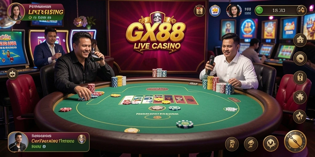 Tangkapan layar gameplay GX88, menampilkan dealer langsung dalam permainan casino.