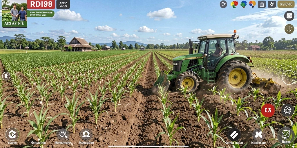 Tangkapan layar gameplay RDI88 dengan ladang hijau dan hewan ternak.