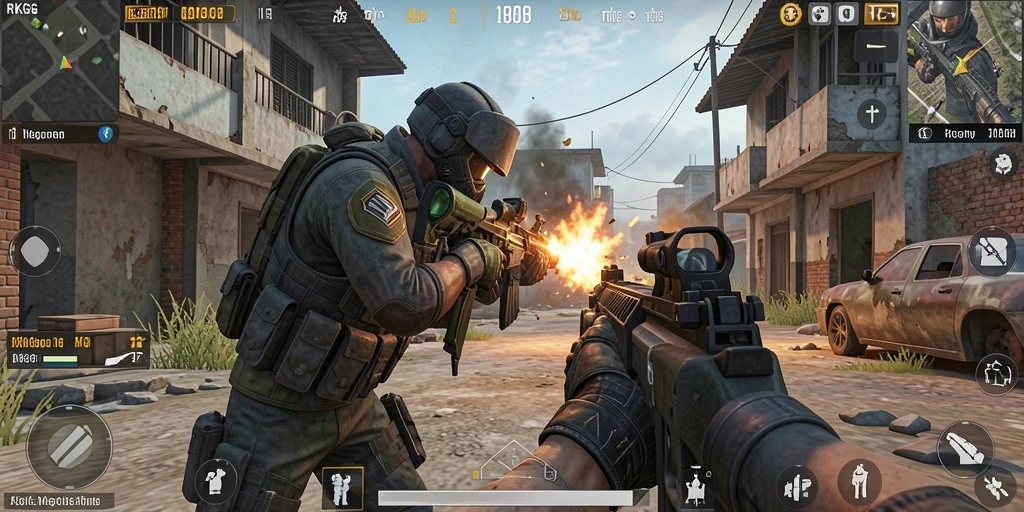 Screenshot gameplay RKGG dengan aksi tembak-menembak intens.