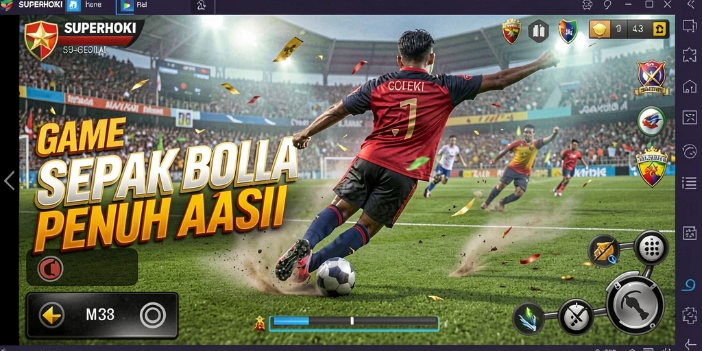 Screenshot utama SUPERHOKI menampilkan aksi menyerang dalam pertandingan sepak bola.